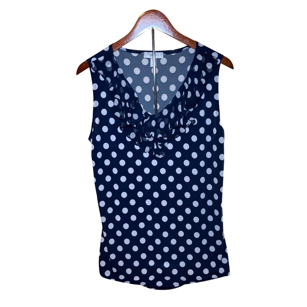 Dressbarn Ruffle V-Neck Tank Top Women's Large Navy Blue Nautical Polka Dot